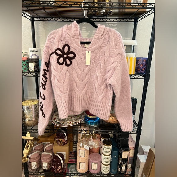 Anthropologie Maeve Embroidered Flower Hooded Cable-Knit Sweater, XXS NWT - Picture 5 of 7